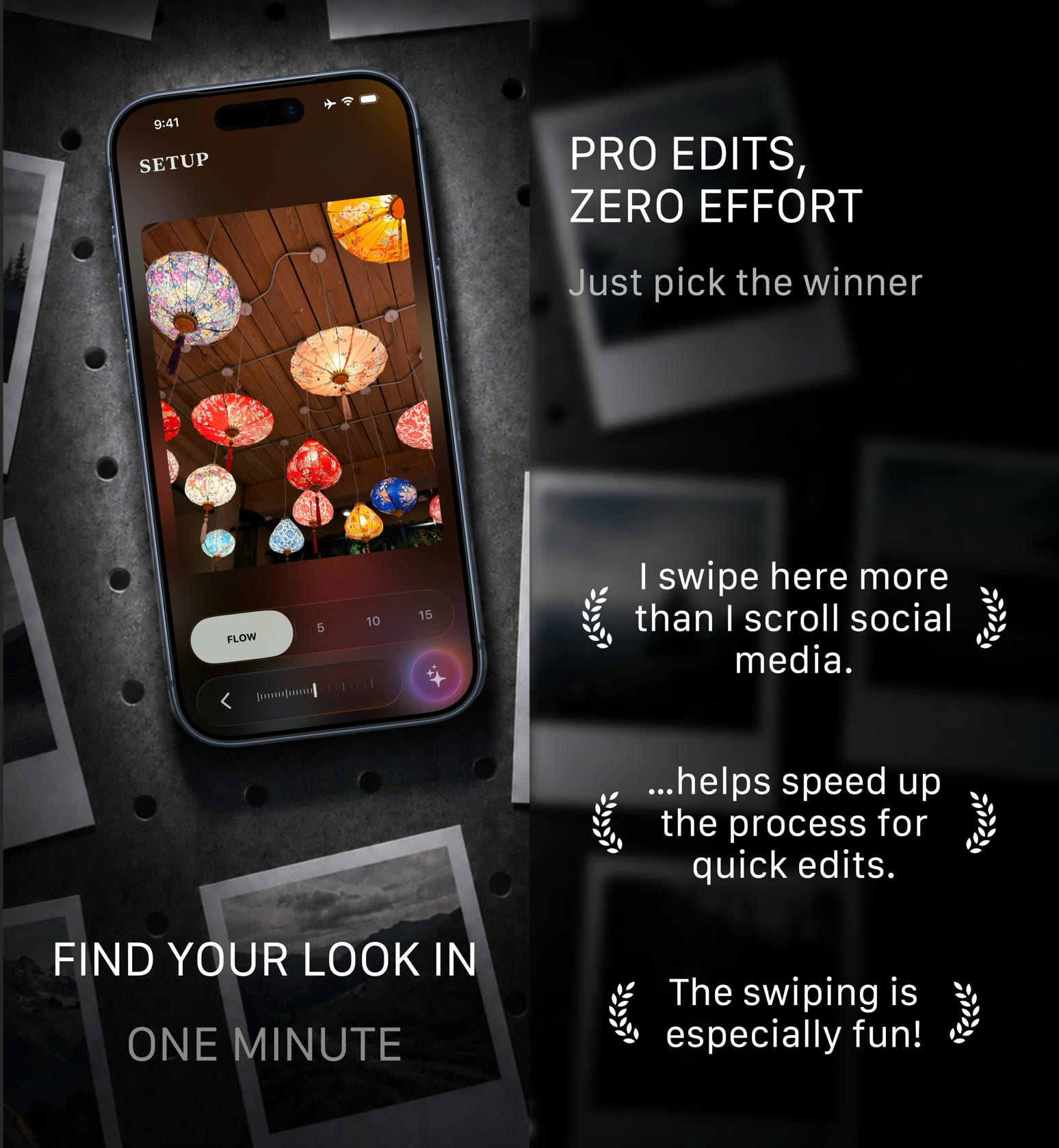 Vye setup screen on iPhone with candidate count and intensity controls, beside App Store review quotes under the headline pro edits, zero effort