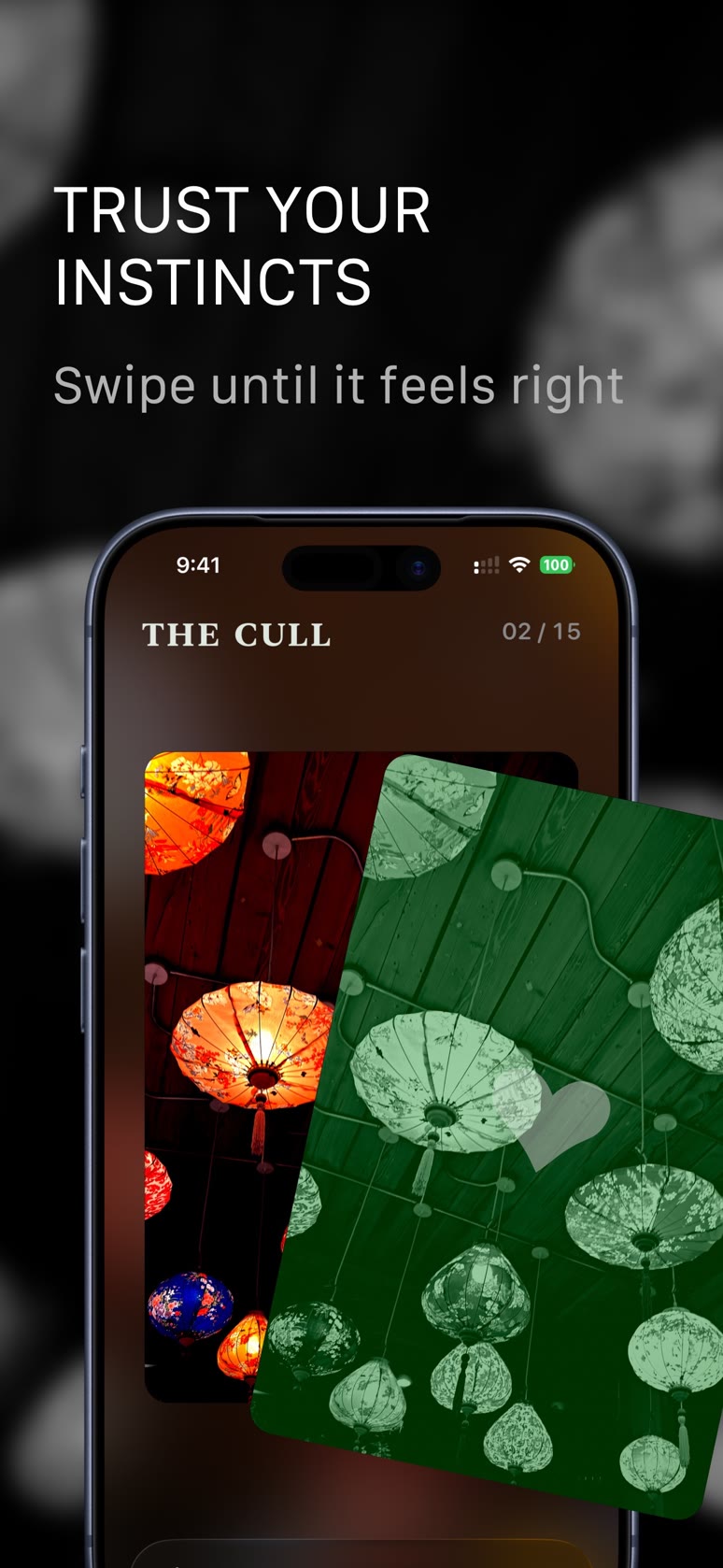 Swiping through AI-generated photo edits in Vye's cull screen on iPhone