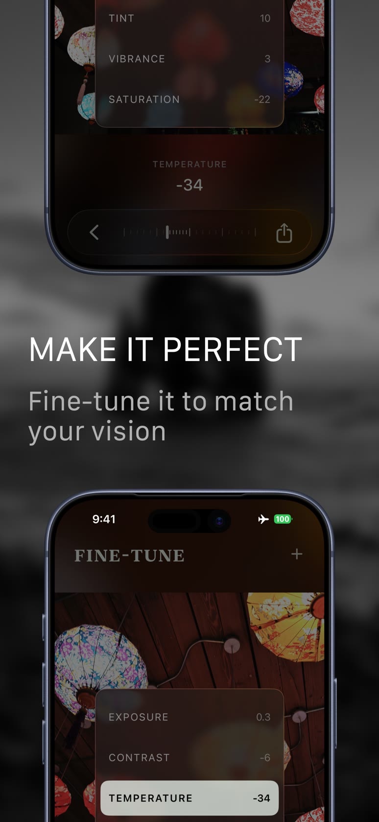 Fine-tuning an AI photo edit in Vye with exposure, contrast, and temperature sliders
