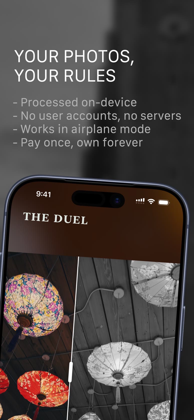 Comparing two AI photo edits side by side in Vye's duel screen, with notes: processed on device, works in airplane mode, pay once own forever